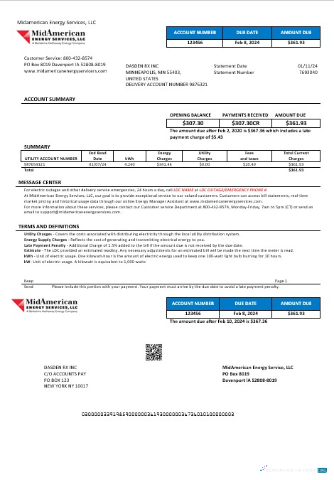 USA Iowa MidAmerican Energy Services business utility bill template in Word and PDF formats